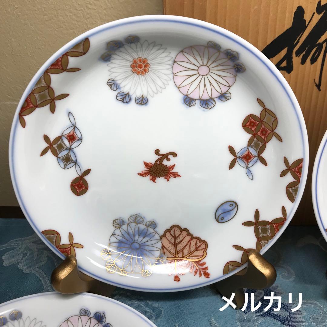 深川製磁　菊七宝　希少品　和皿揃　５枚１式　木箱入り　【廃番美品】