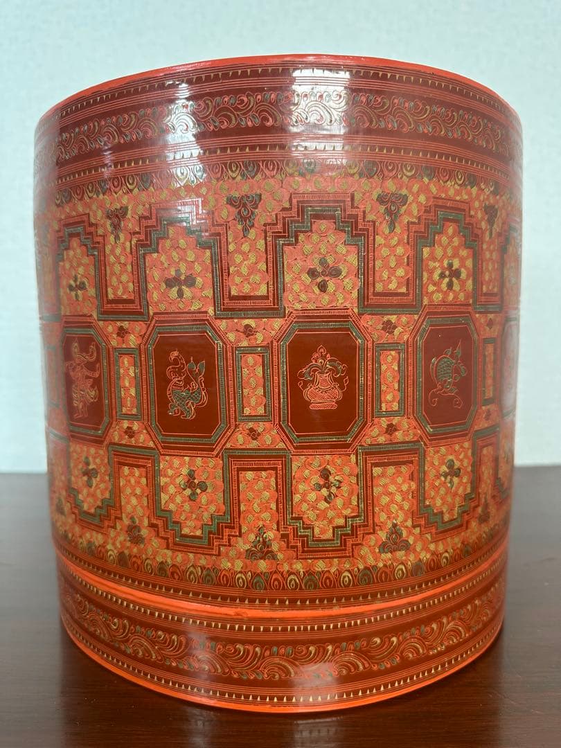 ミャンマー アンティーク 漆器 蒟醤 ビルマ 細密画 入れ子容器 ※31※