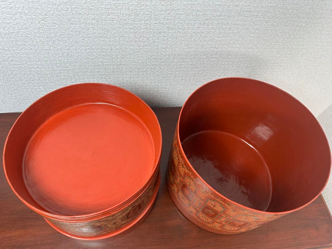 ミャンマー アンティーク 漆器 蒟醤 ビルマ 細密画 入れ子容器 ※31※