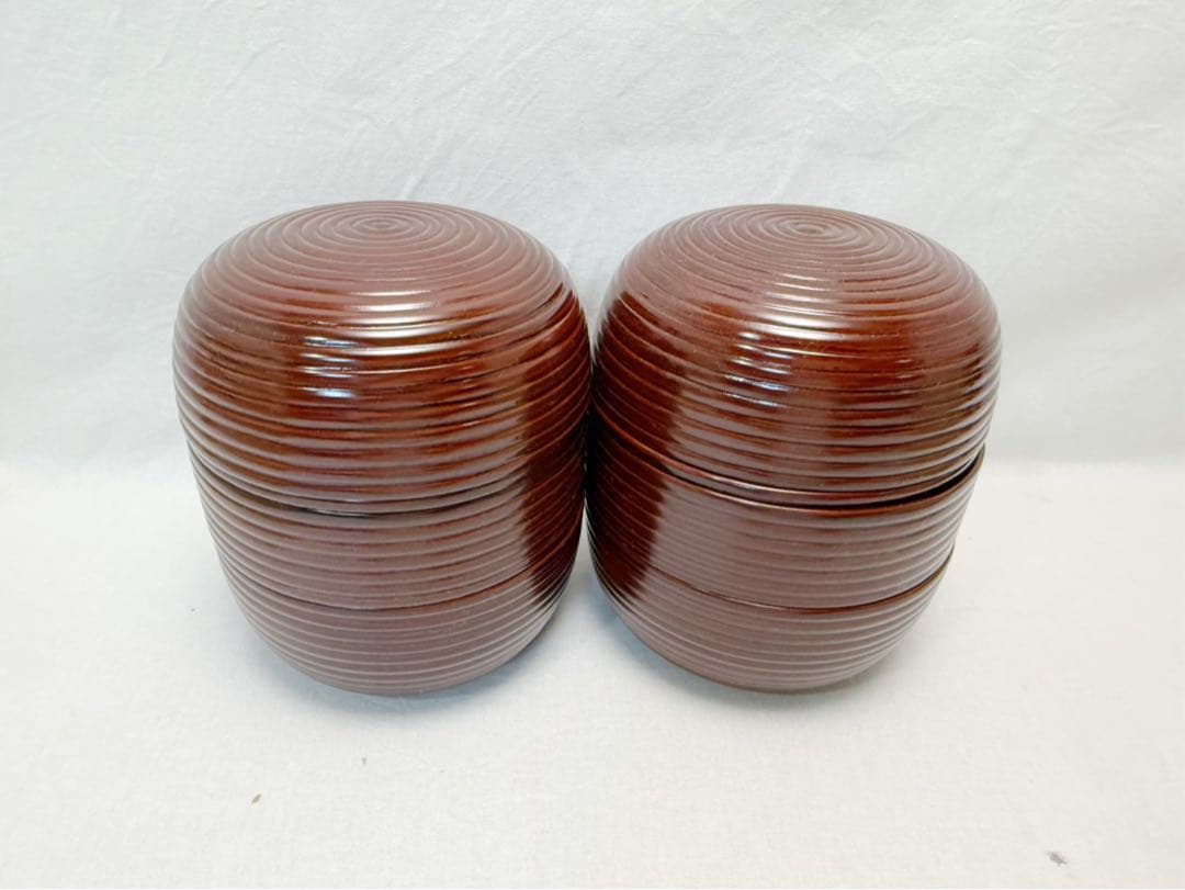 ほぼ未使用 茶道具 木製溜塗 信玄三段弁当 2客揃 千筋 内朱 紙箱