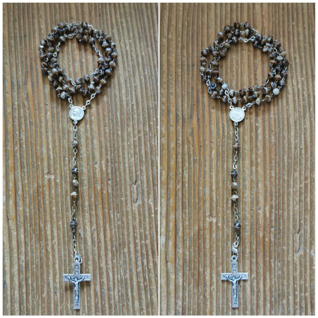 アンティーク ベルギーイタリア ブラウンマーブルガラス マリアとイエスのロザリオ