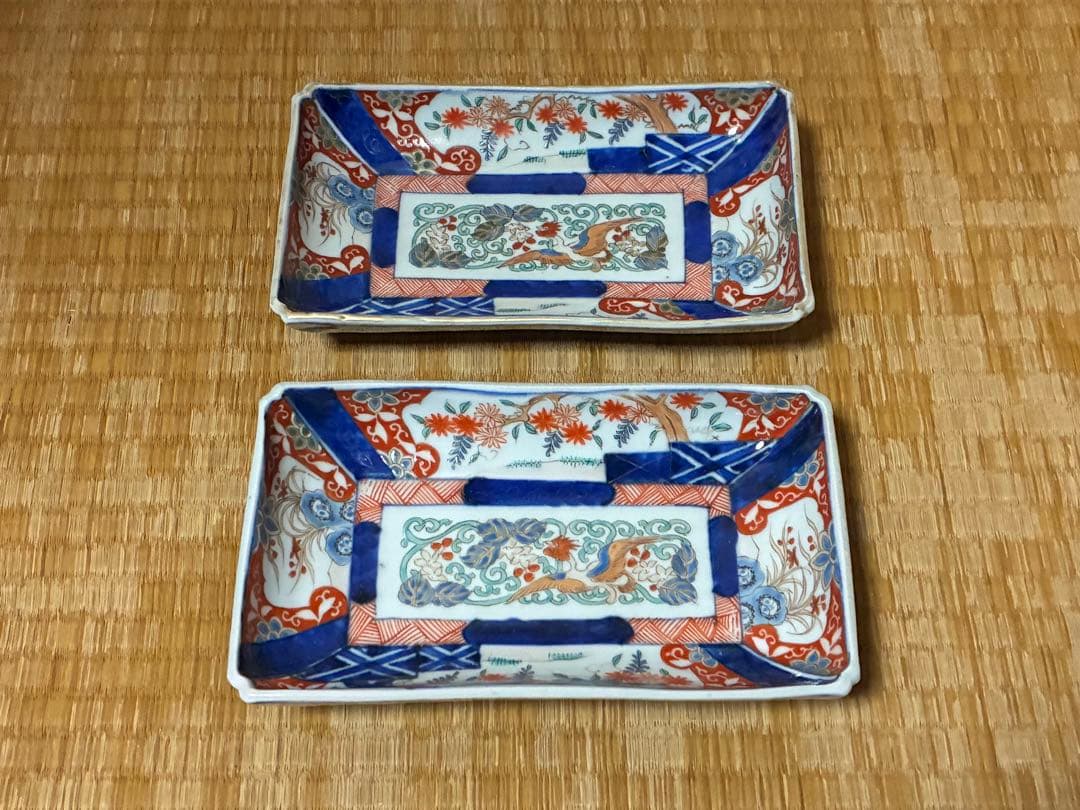 古伊万里 金彩 色絵 鳳凰紋 長皿 長方皿 二枚揃い 時代物