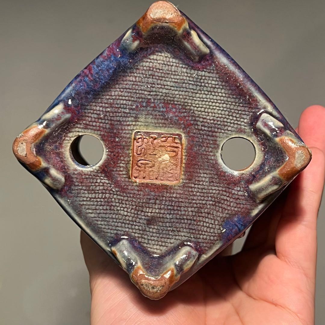 838.平安虹泉 模様紋雲足正方 盆栽鉢 植木鉢 9.8*10.1*11.8cm