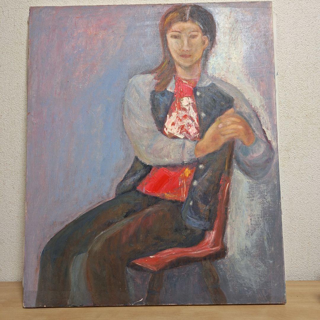 人物画　油絵　アンティーク　レトロ　赤のセーター　冬の記憶