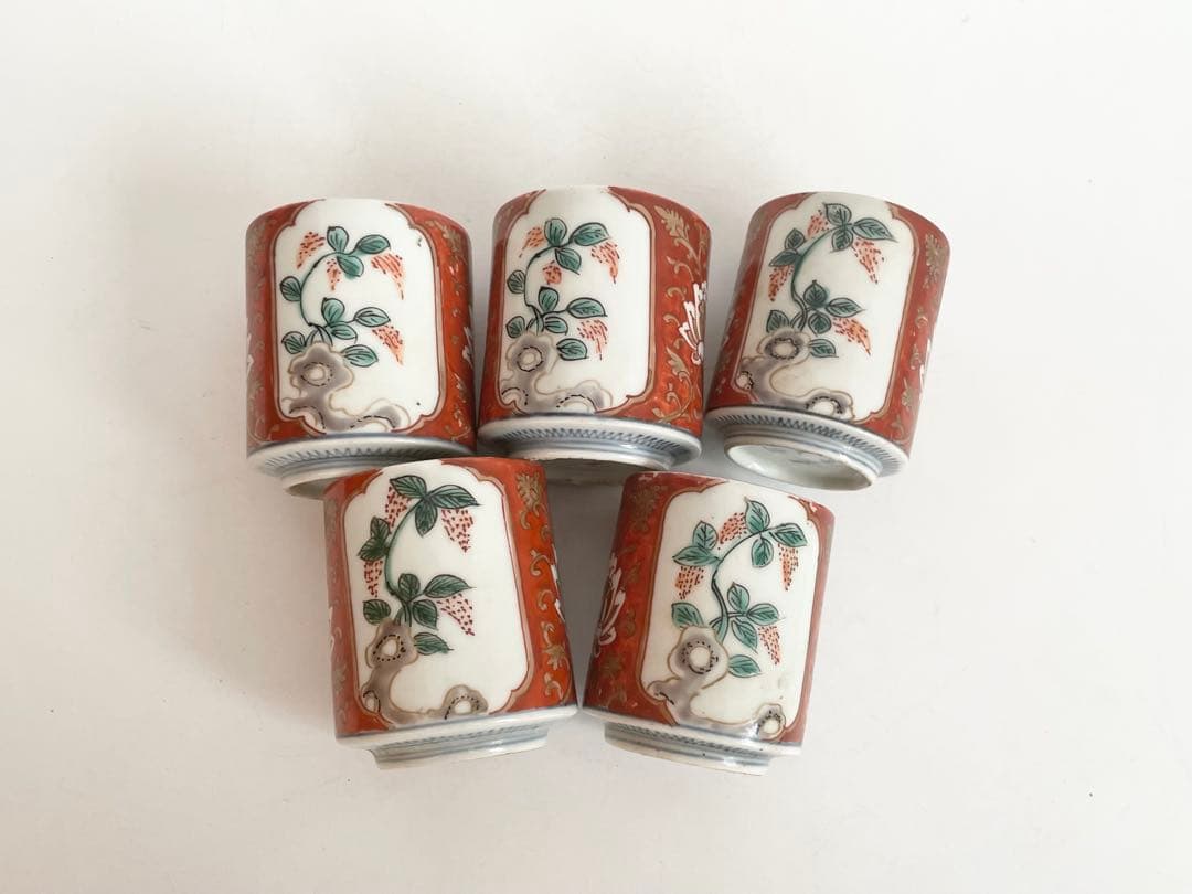 骨董　アンティーク　古伊万里　色絵　覗き猪口　　5客　筒杯　共箱