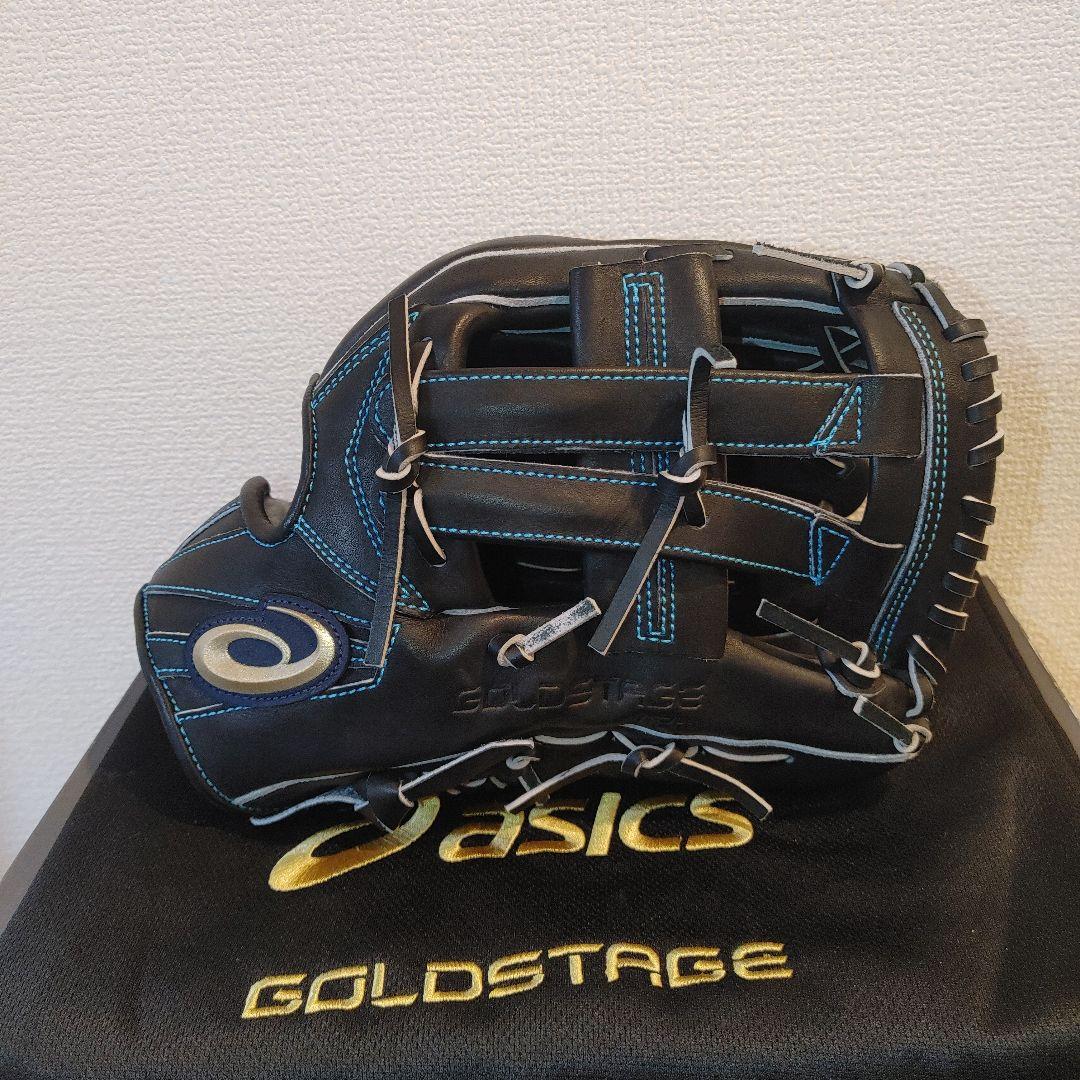 ASICS　ゴールドステージ　硬式　外野　ブラック×ブルーステッチ 湯もみ