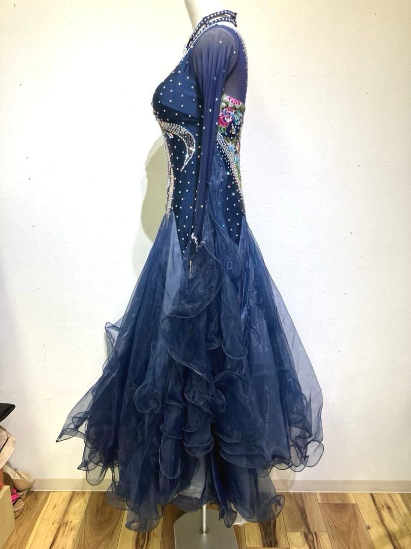 社交ダンス　スタンダードドレス　モダンドレス　　スパンコール　ネイビー　花柄