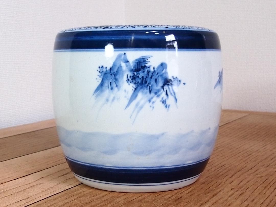 【骨董・美品】染付山水手焙 一対/2個 絵変わり 火鉢/金魚鉢/メダカ鉢 家具