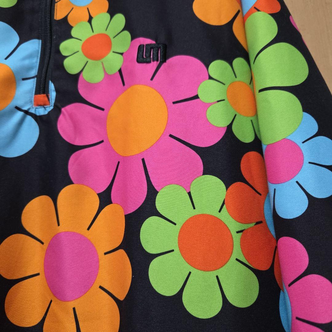 ラウドマウス 黒×マルチ花柄 ハーフジップ 刺繍ロゴ アノラック