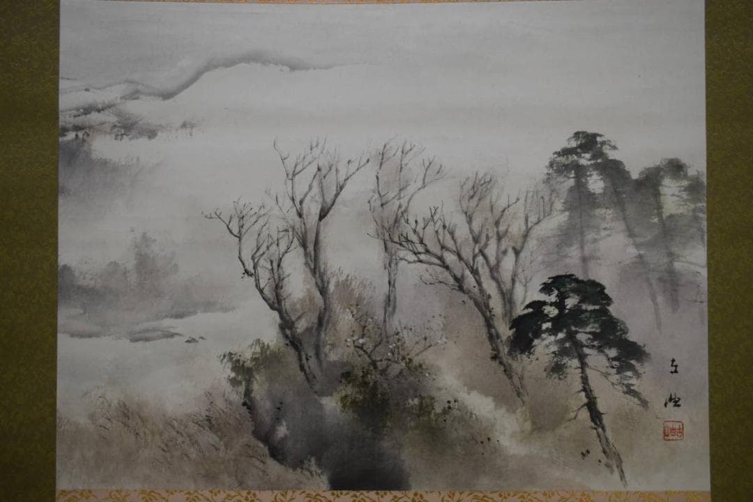 真作/佐藤古岫/早春残雪図/山水図/桐共箱付/布袋屋掛軸HH-175