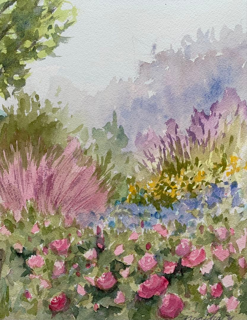 透明水彩画原画癒しのパステルカラーのイングリッシュガーデン