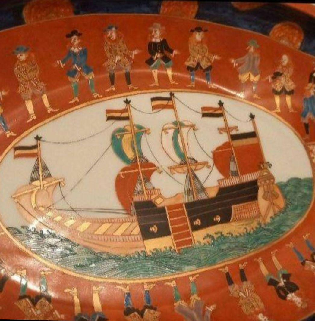 ‼️即発送‼️舟型 金彩錦絵 南蛮船‼️ 骨董 深鉢 大皿 飾り皿