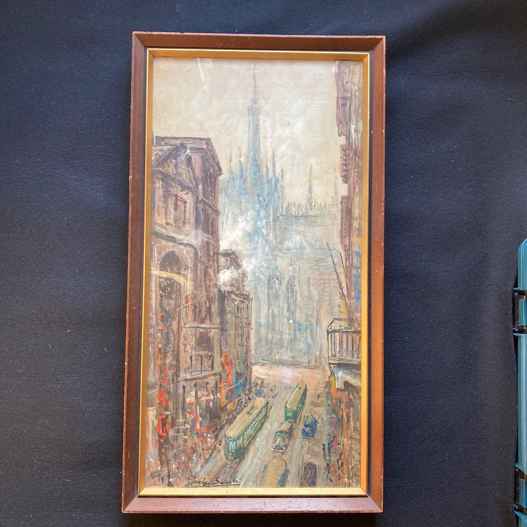 大聖堂風景　作者不詳　油絵　額61×33絵57×28cm ヨーロッパ街の風景