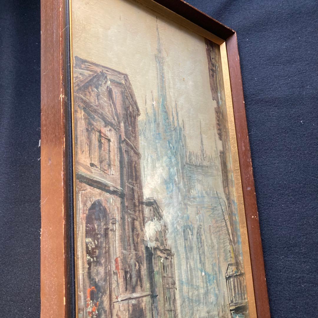 大聖堂風景　作者不詳　油絵　額61×33絵57×28cm ヨーロッパ街の風景