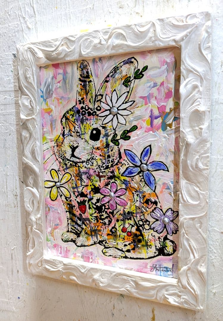 手作り額付き作品　title「永遠の虹うさぎ」