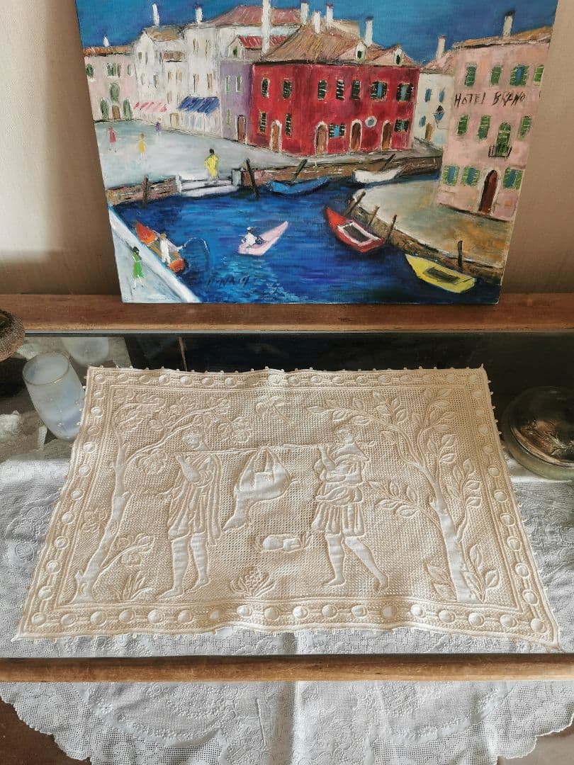 アンティーク ブラットレース アルテミスとアポロン 鹿狩りの森リネンランナー