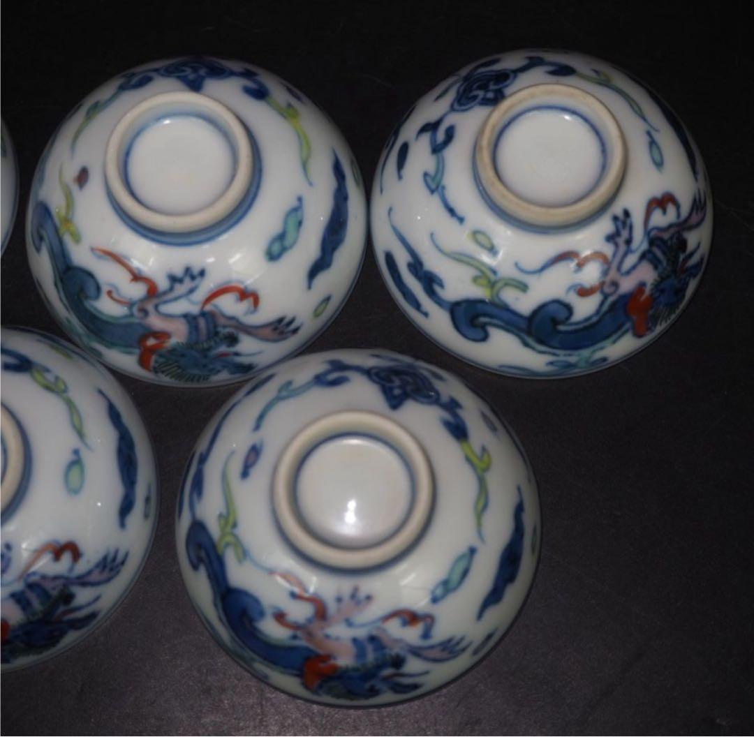 送料無料　大正～昭和初期　瑞光造　豆彩龍文煎茶碗5客