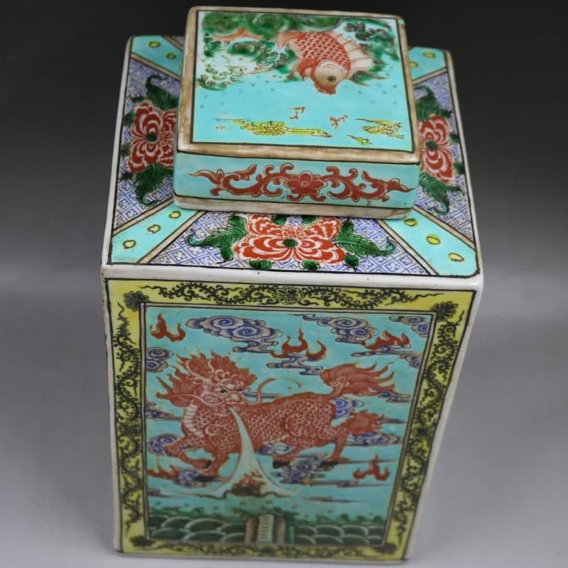 清康熙緑地粉彩麒麟紋方茶壺 茶道具景徳鎮 陶磁器 装飾品 現代工芸品美術品 置物