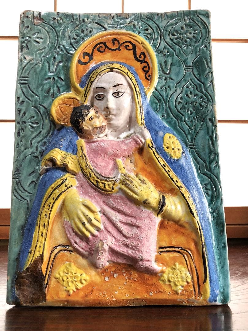 【 聖マリア母子像　東方正教 】　イコン陶板レリーフ 　骨董