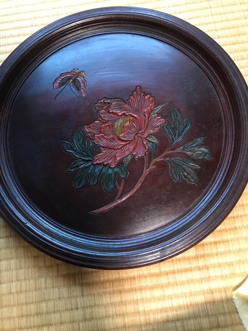 彫抜色絵絵替丸盆 二箱十客　菓子皿 漆器 漆芸 銘々皿 丸盆　盆　骨董品