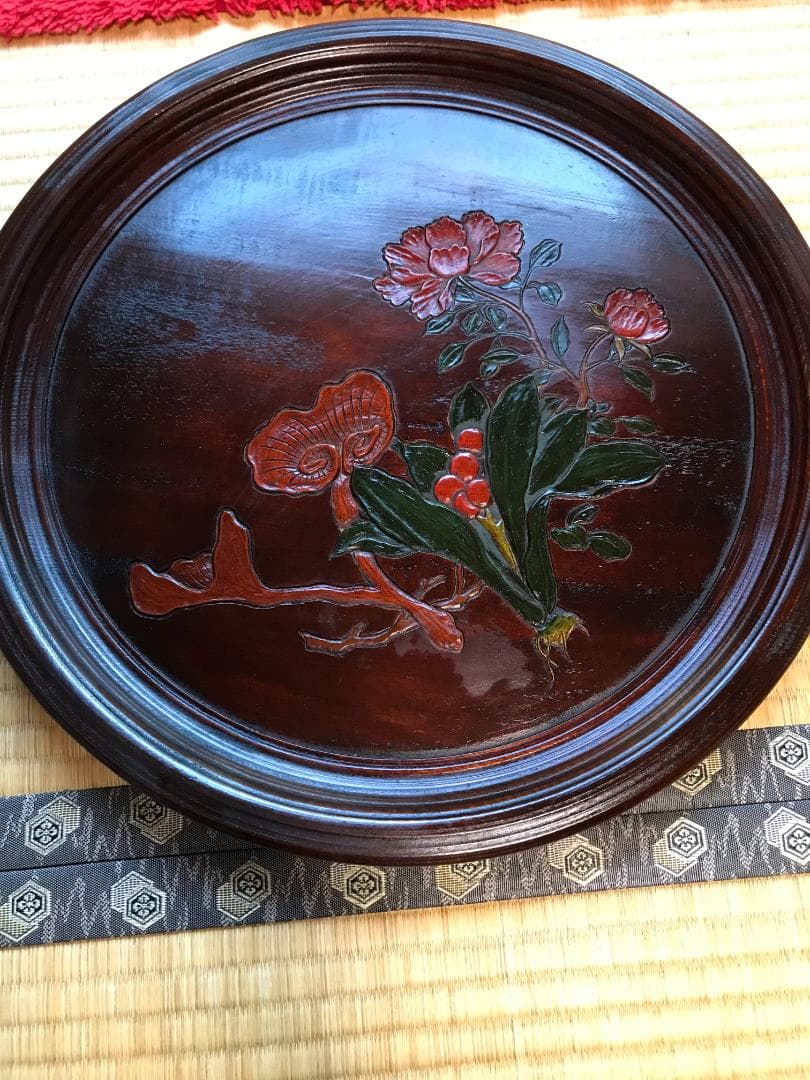 彫抜色絵絵替丸盆 二箱十客　菓子皿 漆器 漆芸 銘々皿 丸盆　盆　骨董品