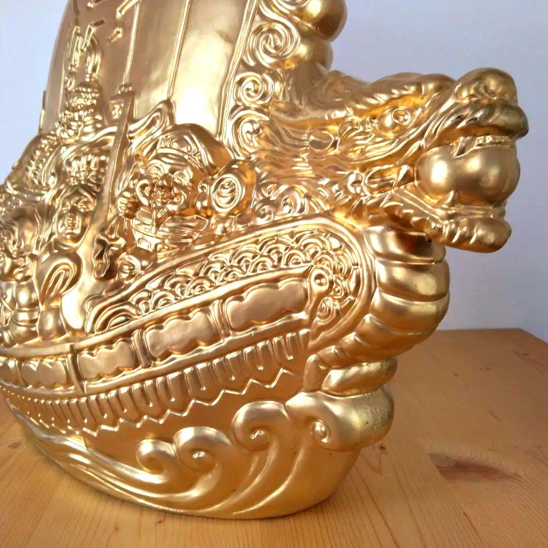 特大 金色宝船 金七福神 千両箱 開運 高43cm オブジェ 風水 陶器製