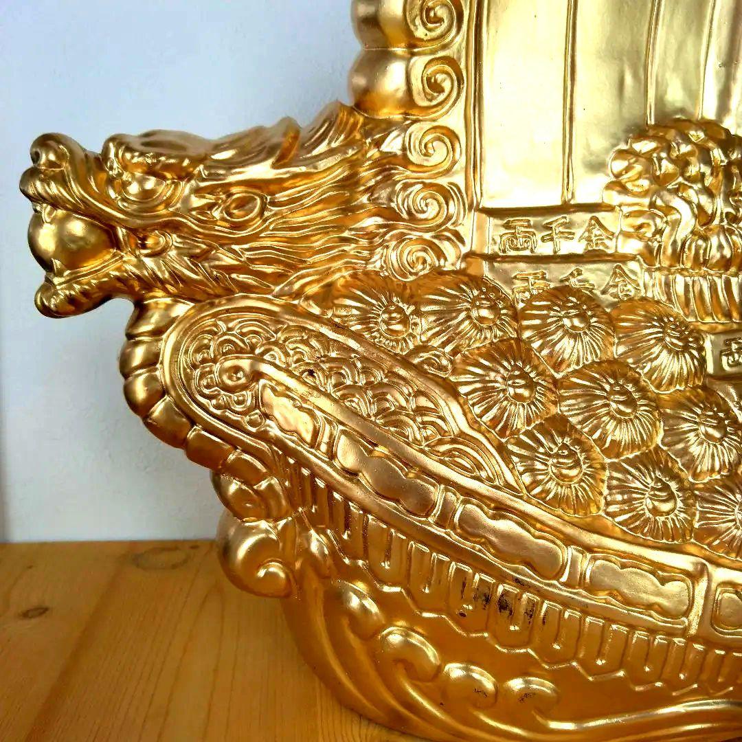 特大 金色宝船 金七福神 千両箱 開運 高43cm オブジェ 風水 陶器製