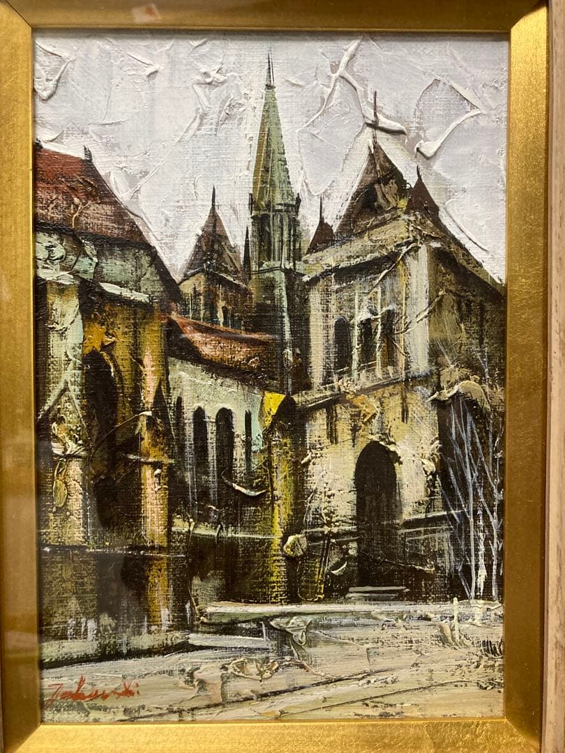 油彩　油絵　寺院の見える街　[竹内敏彦] サイン有　美術年鑑掲載作家　SM号