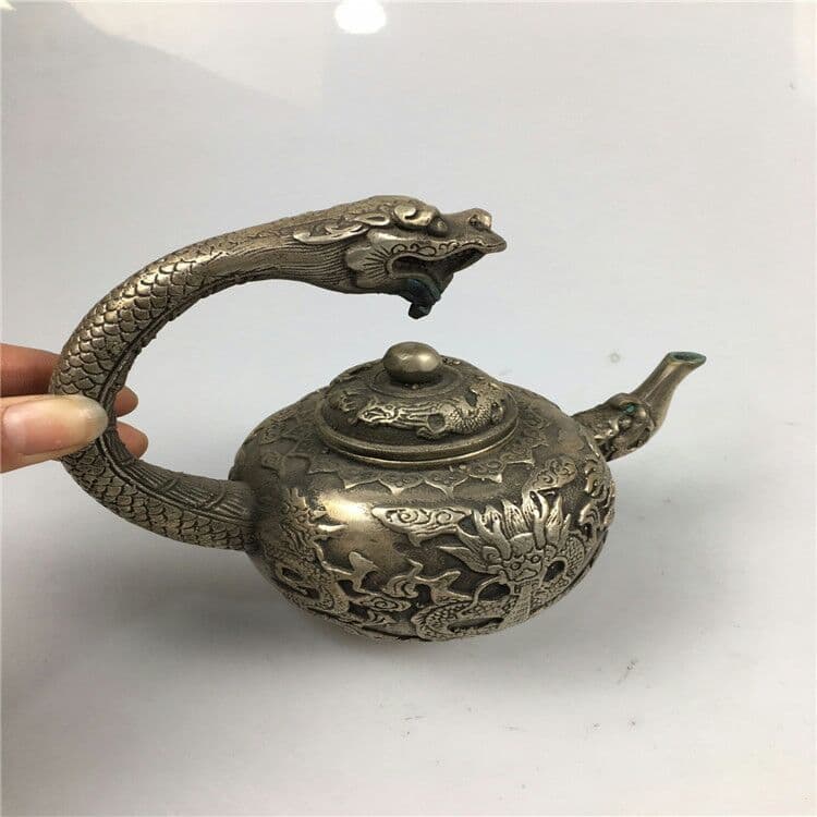 アンティーク工芸品白銅竜頭引出しポット置物 銅急須置物