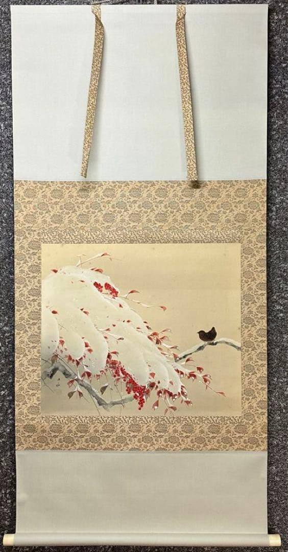 2245様感謝‼️紅❌白で春待ち‼️真作弓削恒畝　『南天』&みそさざい署名落款木箱入