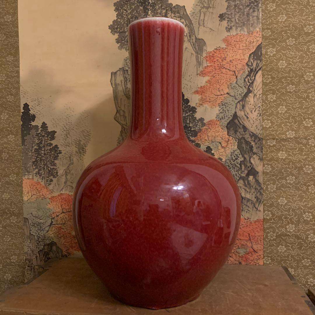 中国美術　アンティーク　祭紅釉    花瓶　　301