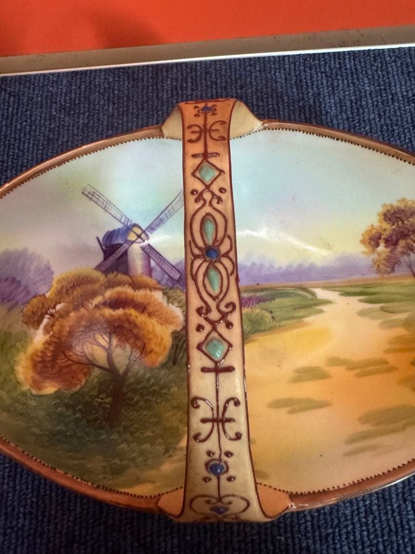1846 【明治アンティーク】オールドノリタケ 風車図　手提皿　時代物