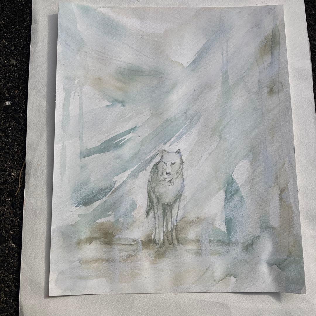水彩画「雪原のオオカミ」