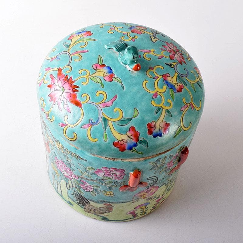 中国　粉彩　花鳥文　蓋付壺　時代箱　V　7753C