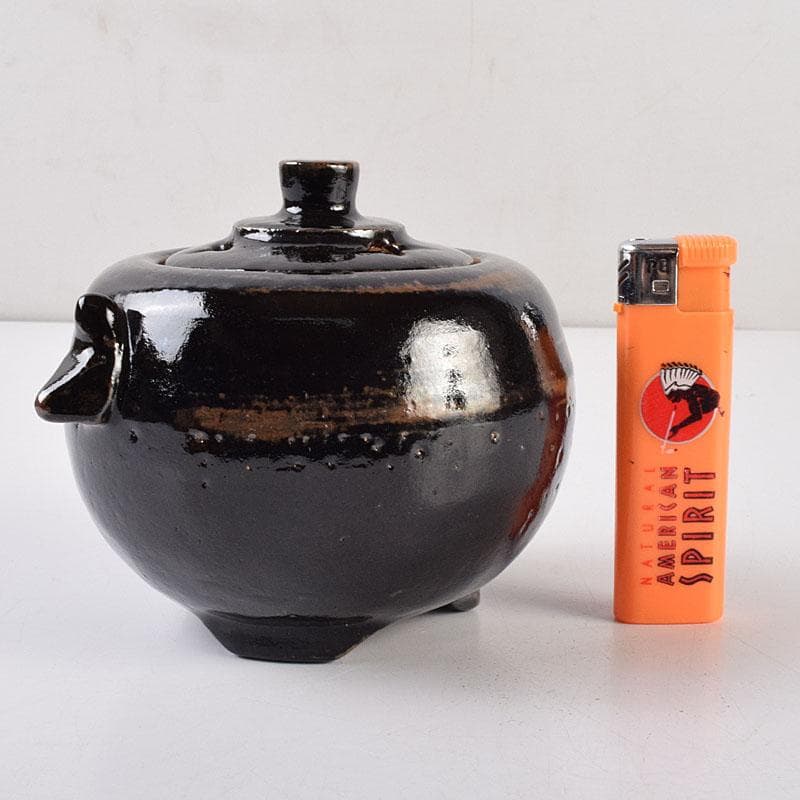 人間国宝　濱田庄司作　黒釉　双耳香炉　蓋付香炉　共箱　M　R9216