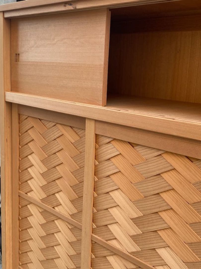 伝統工芸高級水屋道具杉無垢材網代引戸アジロ茶道具煎茶棚置水屋茶箪笥飾り棚和家具