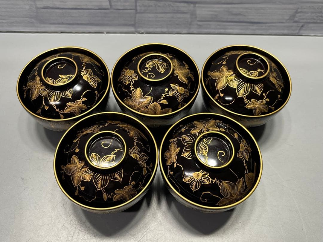 時代　極上　輪島塗　沈金蒔絵　小さな吸物椀　五客　木製