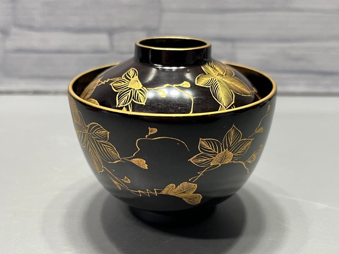 時代　極上　輪島塗　沈金蒔絵　小さな吸物椀　五客　木製